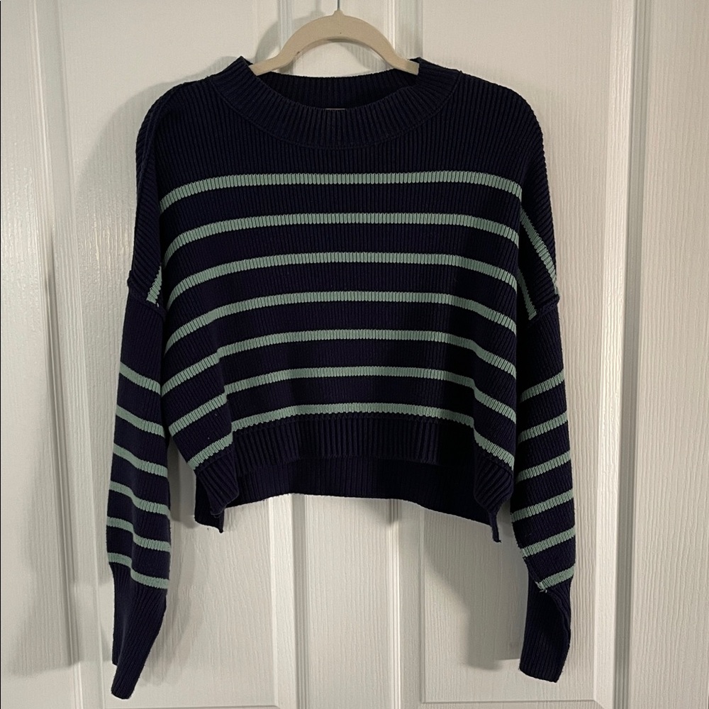 Free People Cropped Navy and Green Striped Sweater